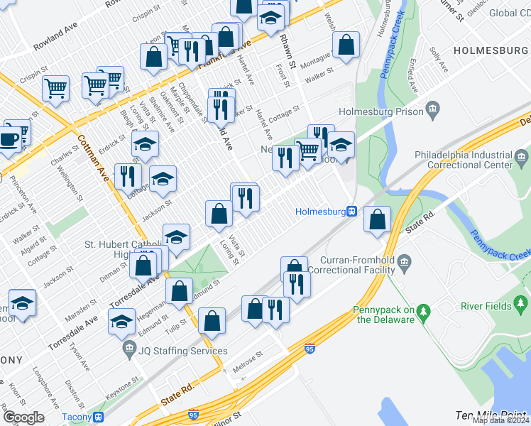 map of restaurants, bars, coffee shops, grocery stores, and more near 4714 Sheffield Street in Philadelphia