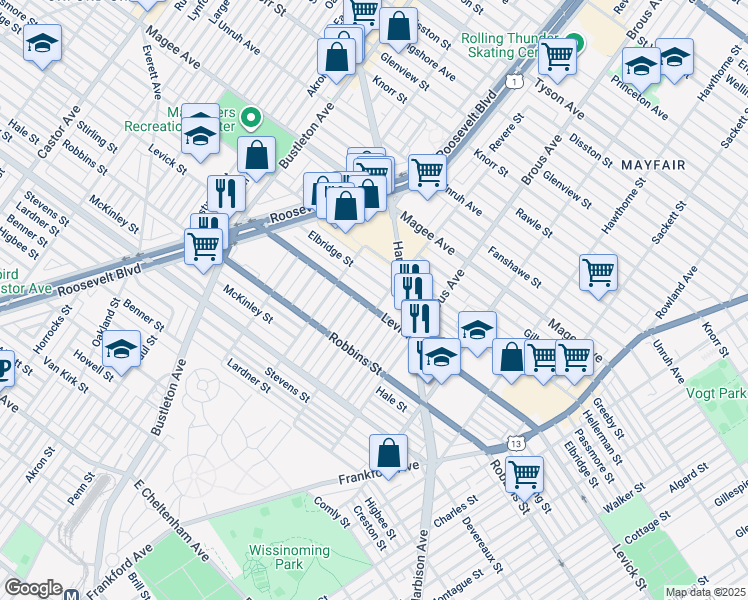 map of restaurants, bars, coffee shops, grocery stores, and more near 2745 Levick Street in Philadelphia