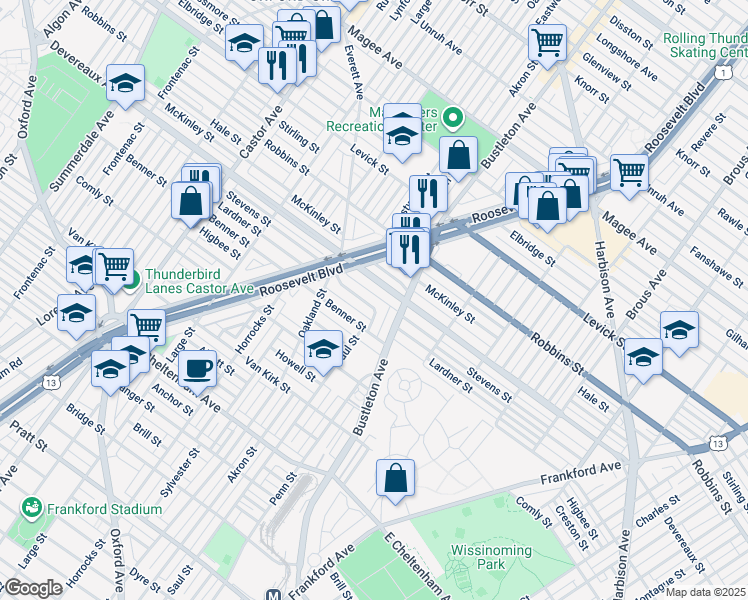 map of restaurants, bars, coffee shops, grocery stores, and more near 1953 Lardner Street in Philadelphia