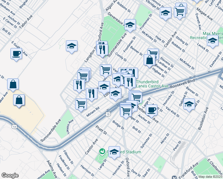map of restaurants, bars, coffee shops, grocery stores, and more near 999 Anchor Street in Philadelphia