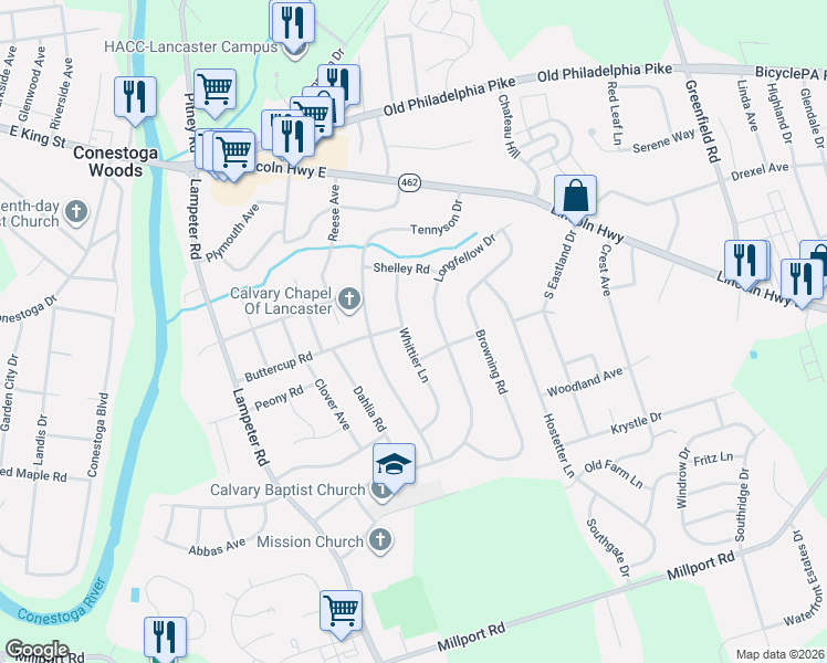 map of restaurants, bars, coffee shops, grocery stores, and more near 128 Longfellow Drive in Lancaster