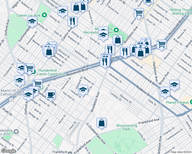 map of restaurants, bars, coffee shops, grocery stores, and more near 1953 Lardner Street in Philadelphia