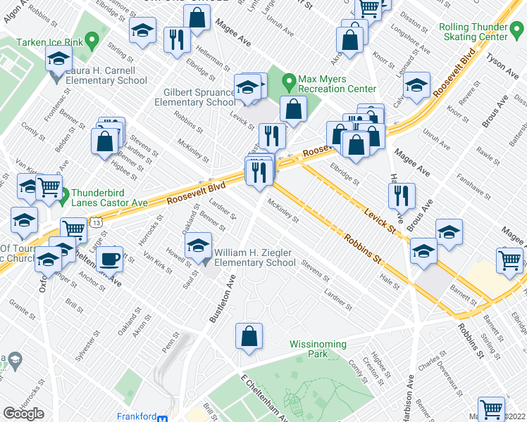 map of restaurants, bars, coffee shops, grocery stores, and more near 2005 Devereaux Avenue in Philadelphia