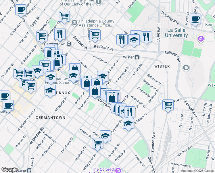 map of restaurants, bars, coffee shops, grocery stores, and more near 87 East Bringhurst Street in Philadelphia