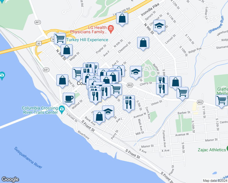 map of restaurants, bars, coffee shops, grocery stores, and more near 404 Locust Street in Columbia