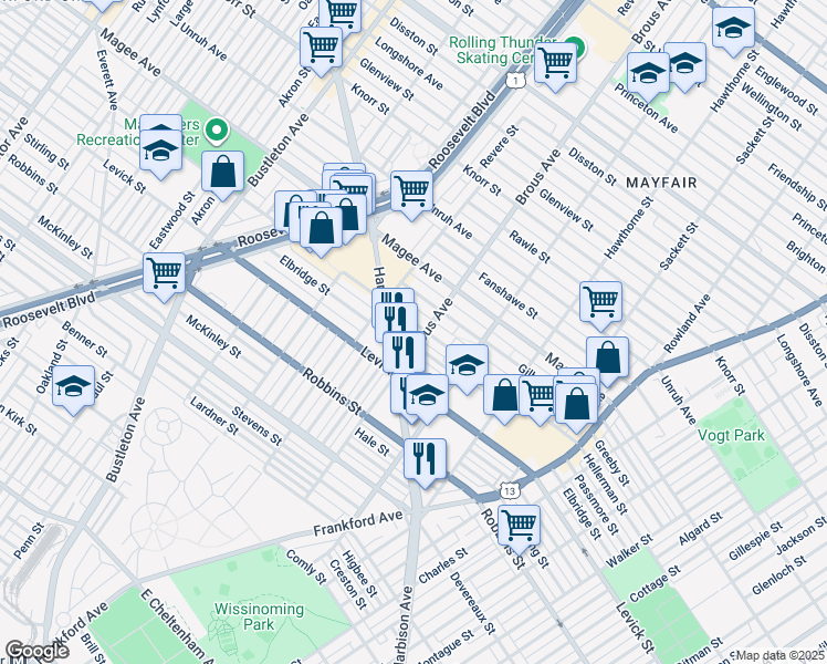 map of restaurants, bars, coffee shops, grocery stores, and more near 2834 Hellerman Street in Philadelphia