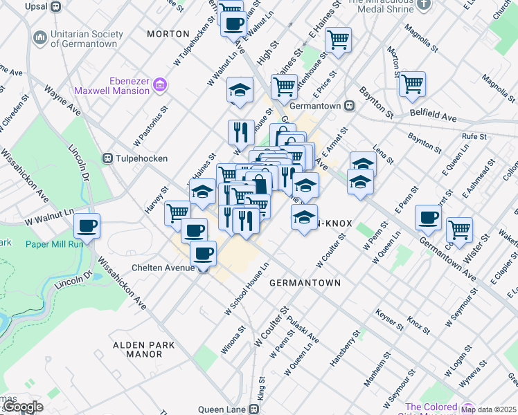 map of restaurants, bars, coffee shops, grocery stores, and more near 100 West Chelten Avenue in Philadelphia