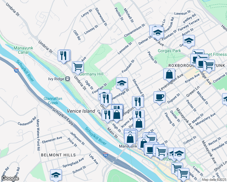 map of restaurants, bars, coffee shops, grocery stores, and more near 237 Gates Street in Philadelphia