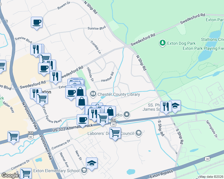 map of restaurants, bars, coffee shops, grocery stores, and more near 513 Winding Way in Exton