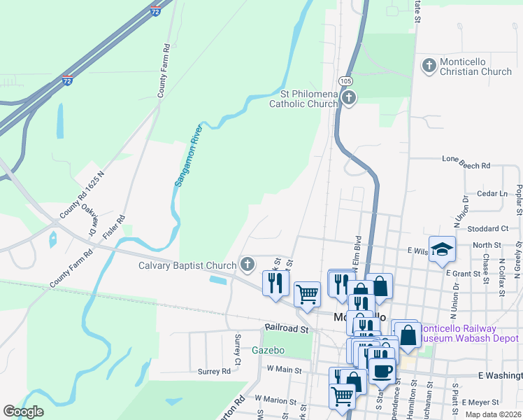 map of restaurants, bars, coffee shops, grocery stores, and more near 30 Foothill Road in Monticello