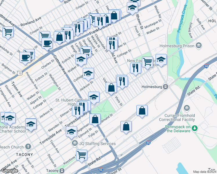 map of restaurants, bars, coffee shops, grocery stores, and more near 4560 Vista Street in Philadelphia