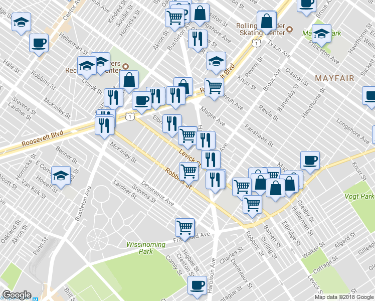 map of restaurants, bars, coffee shops, grocery stores, and more near 2745 Levick Street in Philadelphia