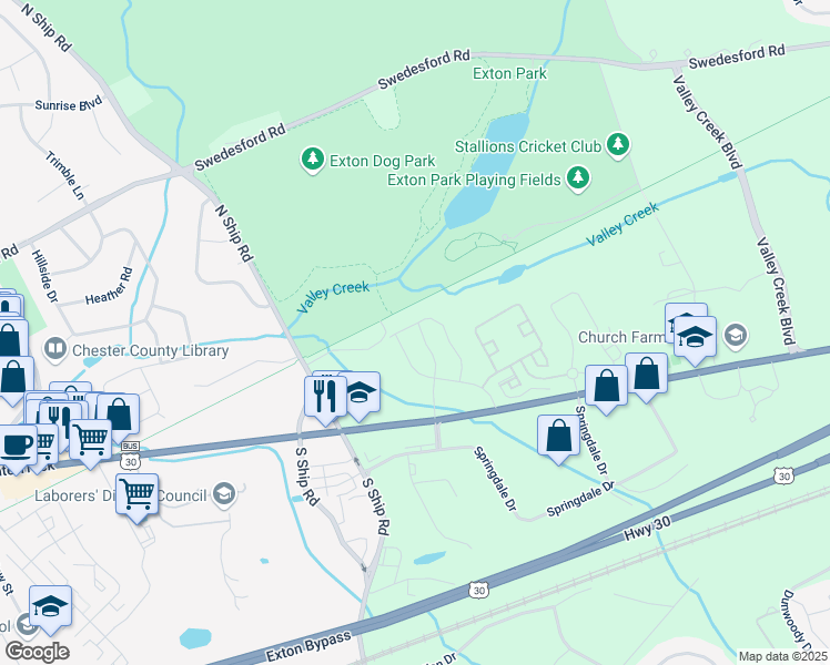 map of restaurants, bars, coffee shops, grocery stores, and more near 36 Lochiel Lane in Exton