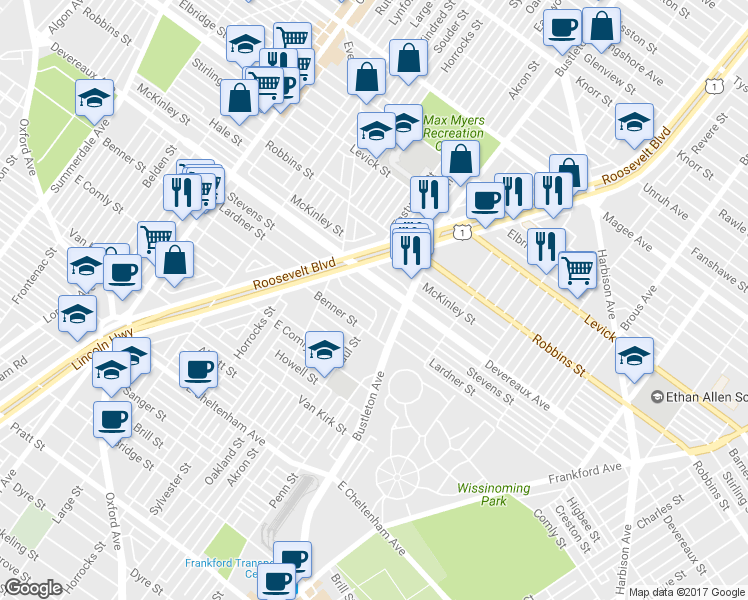 map of restaurants, bars, coffee shops, grocery stores, and more near 1951 Lardner Street in Philadelphia