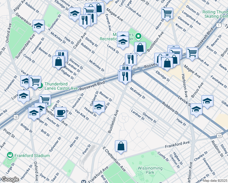 map of restaurants, bars, coffee shops, grocery stores, and more near 1951 Lardner Street in Philadelphia