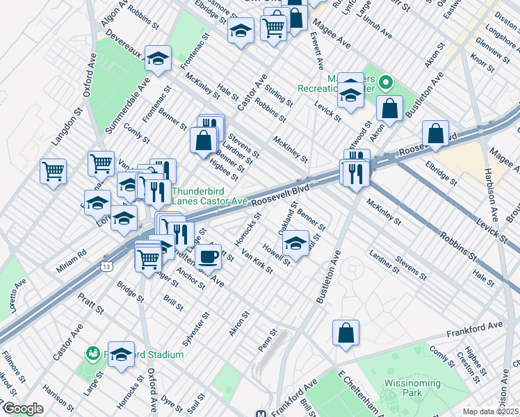 map of restaurants, bars, coffee shops, grocery stores, and more near 6021 Roosevelt Boulevard in Philadelphia