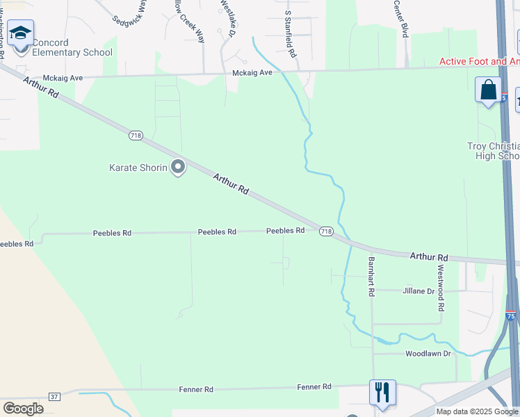 map of restaurants, bars, coffee shops, grocery stores, and more near 2401 Arthur Road in Troy