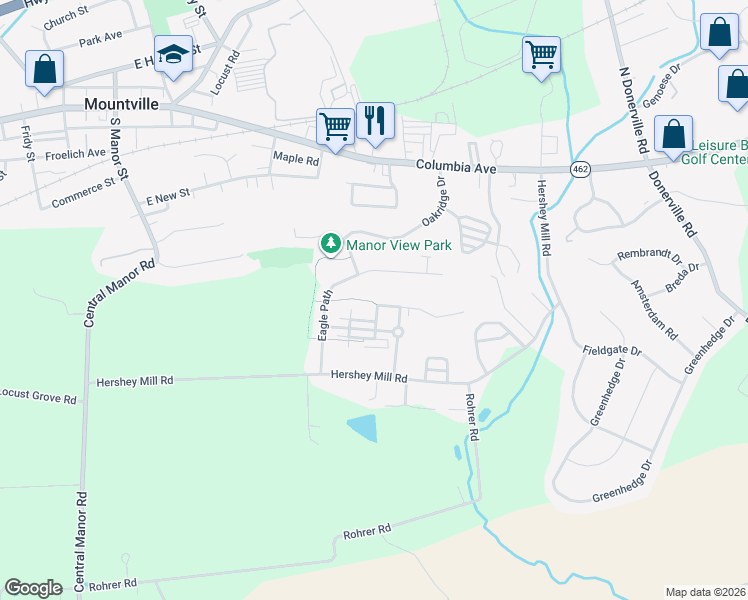 map of restaurants, bars, coffee shops, grocery stores, and more near 201 Eagle Path in Mountville
