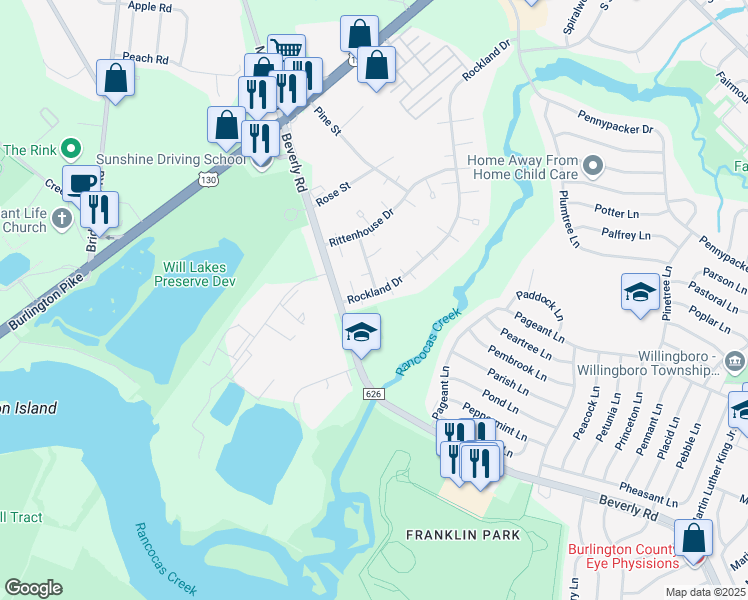 map of restaurants, bars, coffee shops, grocery stores, and more near 180 Rockland Drive in Willingboro