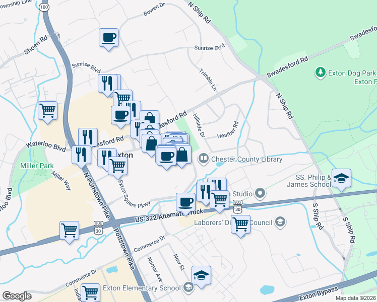 map of restaurants, bars, coffee shops, grocery stores, and more near in Exton