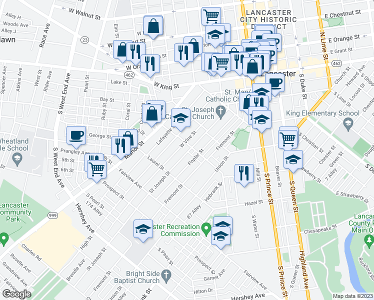 map of restaurants, bars, coffee shops, grocery stores, and more near 613 Saint Joseph Street in Lancaster