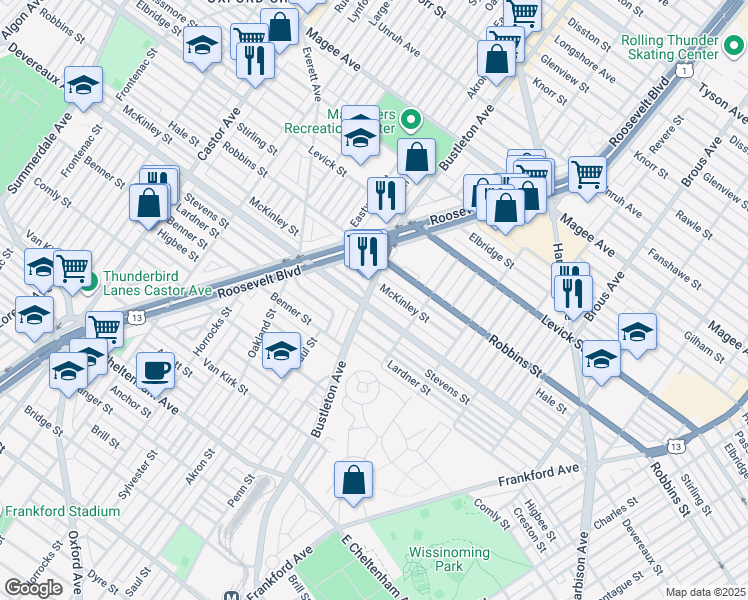 map of restaurants, bars, coffee shops, grocery stores, and more near 6220 Bustleton Avenue in Philadelphia