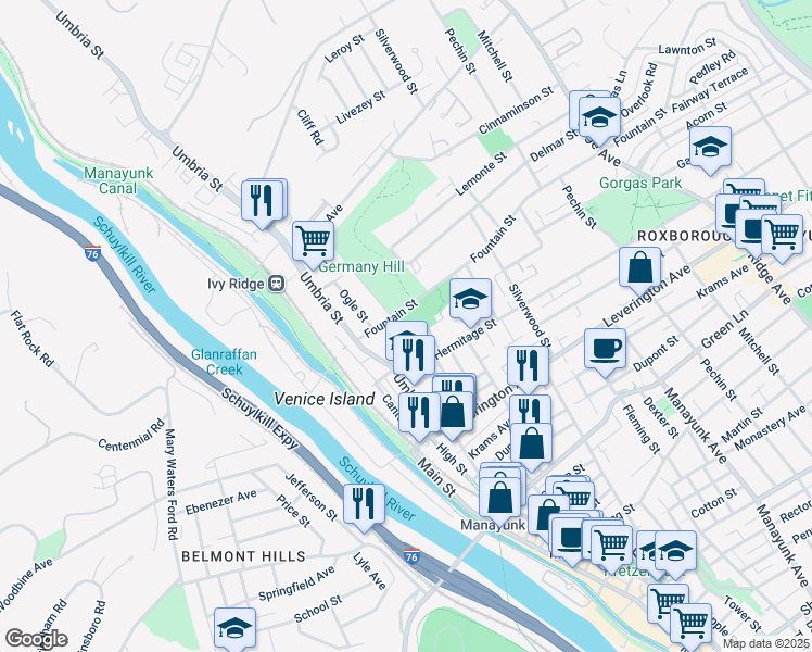 map of restaurants, bars, coffee shops, grocery stores, and more near 4753 Smick Street in Philadelphia