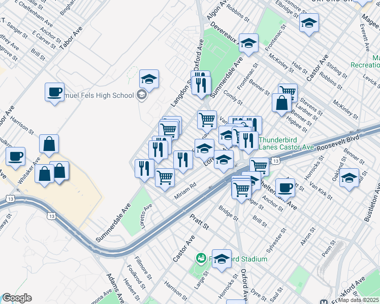 map of restaurants, bars, coffee shops, grocery stores, and more near 943 Anchor Street in Philadelphia