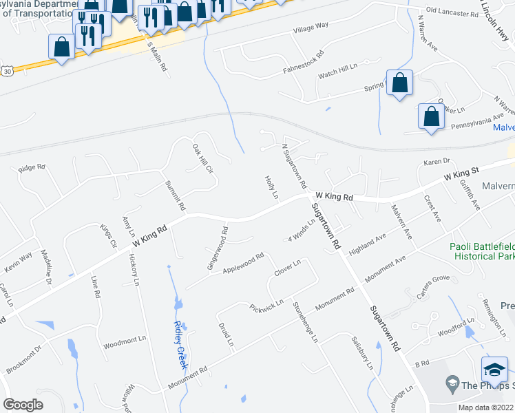 map of restaurants, bars, coffee shops, grocery stores, and more near 813 West King Road in Malvern