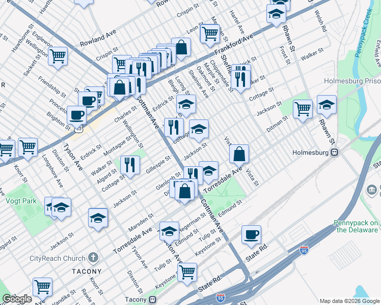 map of restaurants, bars, coffee shops, grocery stores, and more near 4418 Aldine Street in Philadelphia