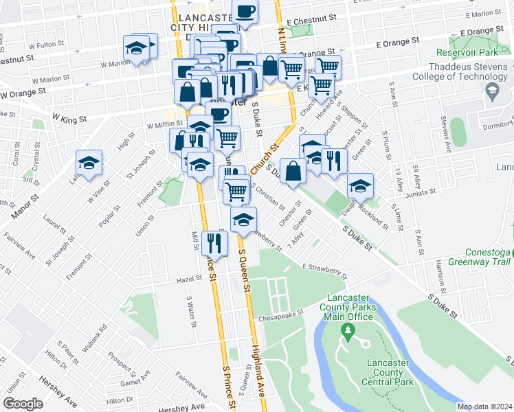map of restaurants, bars, coffee shops, grocery stores, and more near 528 Locust Street in Lancaster