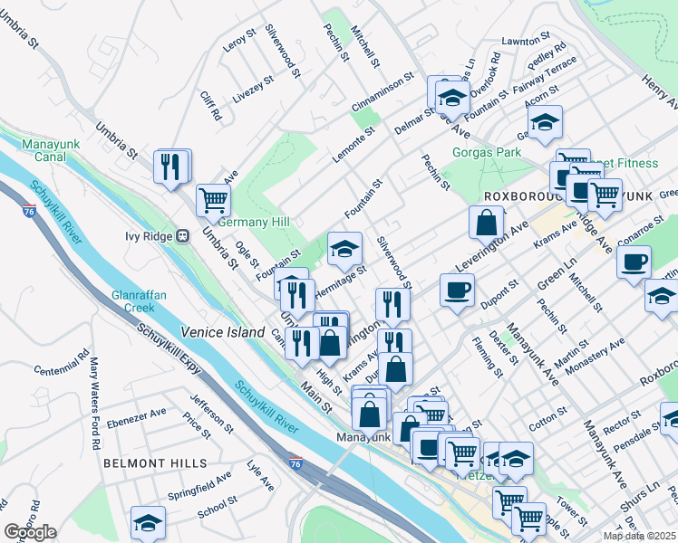 map of restaurants, bars, coffee shops, grocery stores, and more near 234 Hermitage Street in Philadelphia