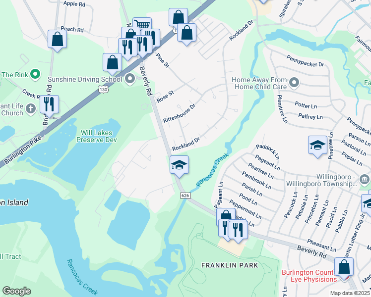 map of restaurants, bars, coffee shops, grocery stores, and more near 180 Rockland Drive in Willingboro