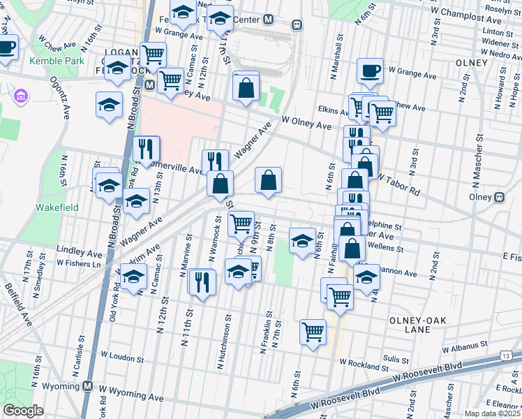 map of restaurants, bars, coffee shops, grocery stores, and more near 829 West Fisher Avenue in Philadelphia