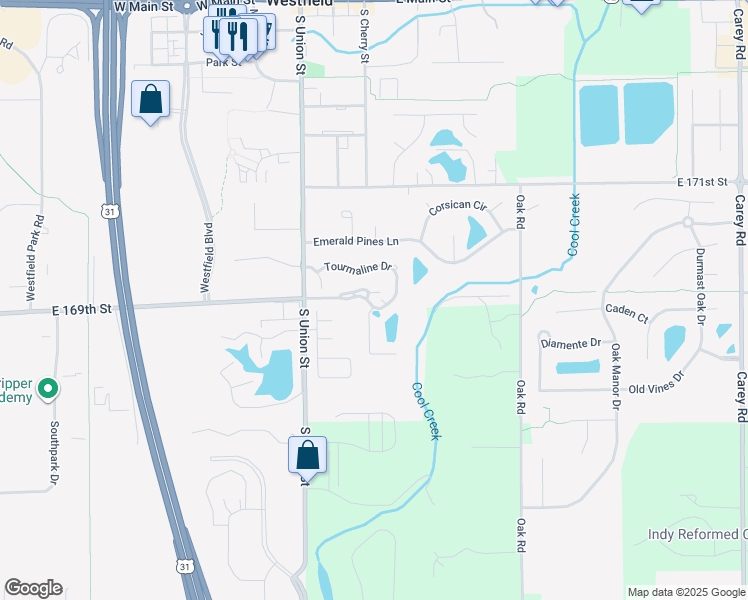 map of restaurants, bars, coffee shops, grocery stores, and more near 2017 Tourmaline Drive in Westfield