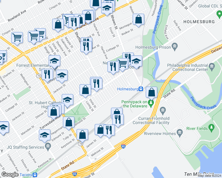 map of restaurants, bars, coffee shops, grocery stores, and more near 4726 Meridian Street in Philadelphia