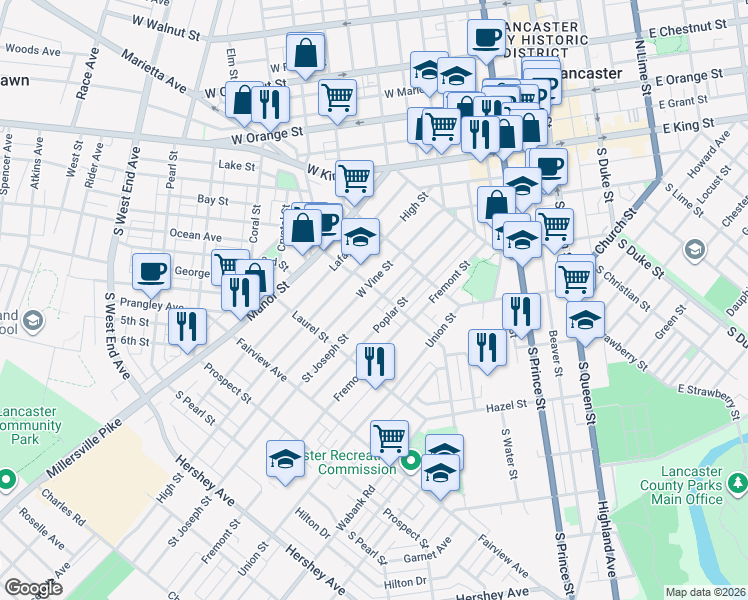 map of restaurants, bars, coffee shops, grocery stores, and more near 108 New Dorwart Street in Lancaster