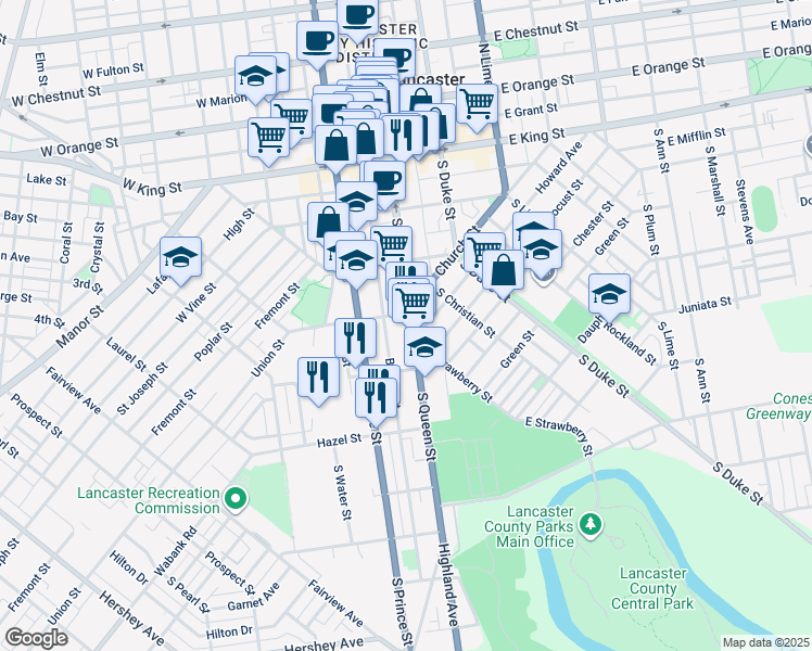 map of restaurants, bars, coffee shops, grocery stores, and more near 244 Pennsylvania 72 in Lancaster
