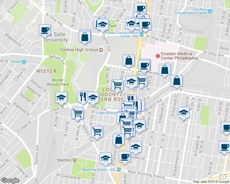 map of restaurants, bars, coffee shops, grocery stores, and more near 5215 North Sydenham Street in Philadelphia