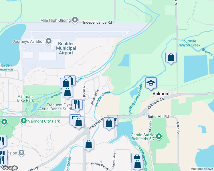 map of restaurants, bars, coffee shops, grocery stores, and more near 5555 Valmont Road in Boulder