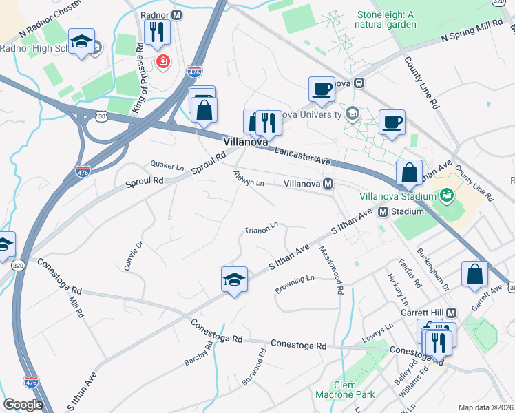 map of restaurants, bars, coffee shops, grocery stores, and more near 19 Villanova Road in Villanova