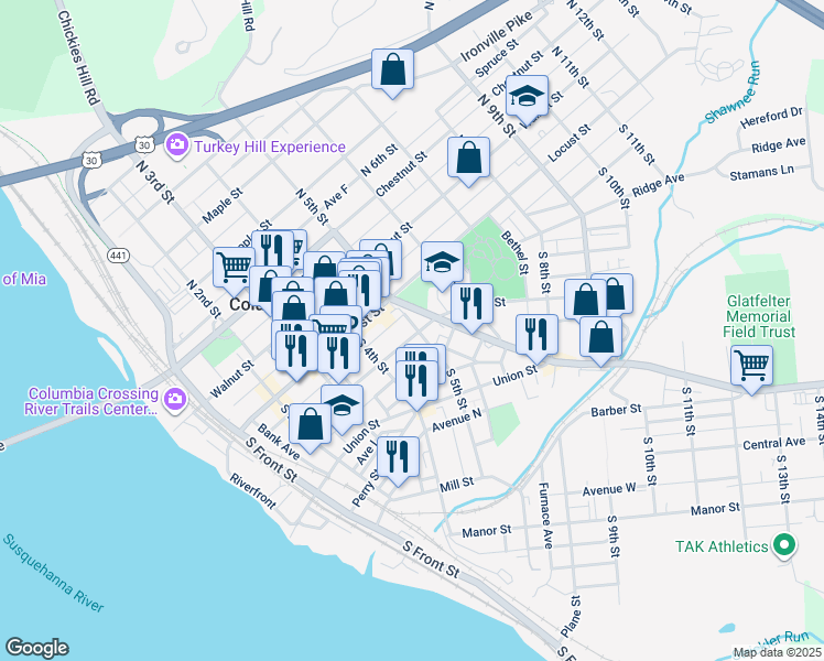 map of restaurants, bars, coffee shops, grocery stores, and more near 28 Lancaster Avenue in Columbia