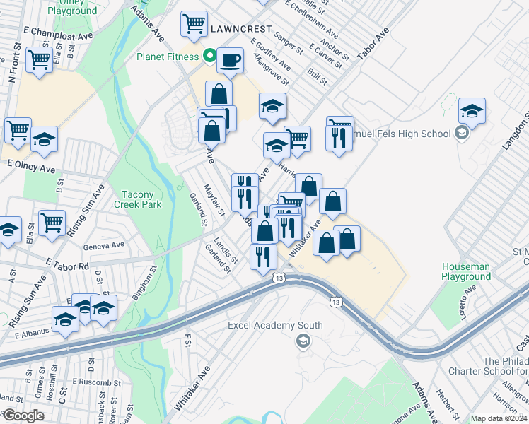 map of restaurants, bars, coffee shops, grocery stores, and more near 5328 Howland Street in Philadelphia