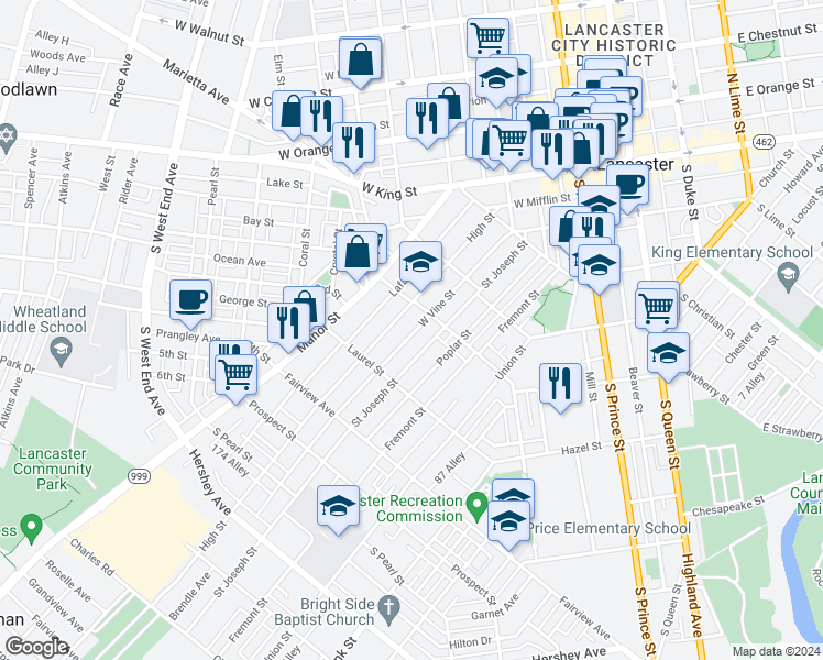 map of restaurants, bars, coffee shops, grocery stores, and more near 627 West Vine Street in Lancaster