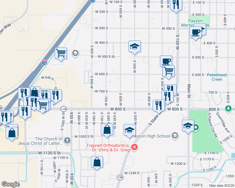 map of restaurants, bars, coffee shops, grocery stores, and more near 650 West 700 South in Payson