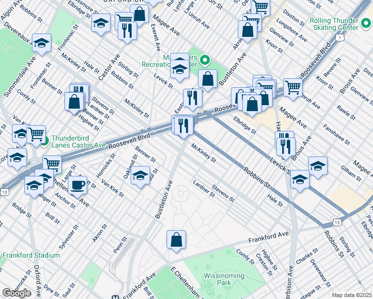map of restaurants, bars, coffee shops, grocery stores, and more near 6220 Bustleton Avenue in Philadelphia