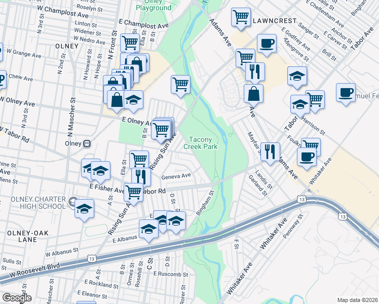 map of restaurants, bars, coffee shops, grocery stores, and more near 524 East Olney Avenue in Philadelphia