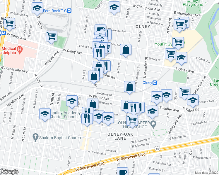 map of restaurants, bars, coffee shops, grocery stores, and more near 5411 North 4th Street in Philadelphia