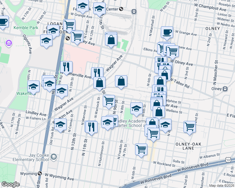 map of restaurants, bars, coffee shops, grocery stores, and more near 927R West Fisher Avenue in Philadelphia