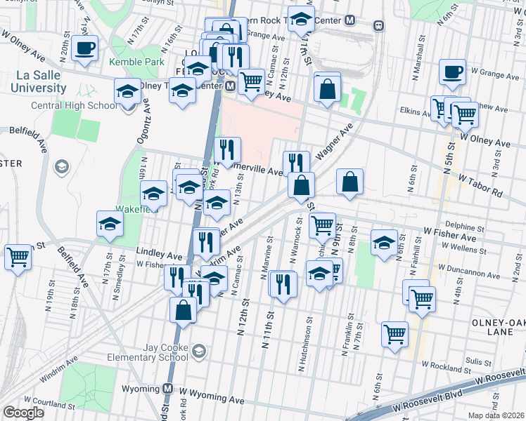 map of restaurants, bars, coffee shops, grocery stores, and more near 1207 West Fisher Avenue in Philadelphia